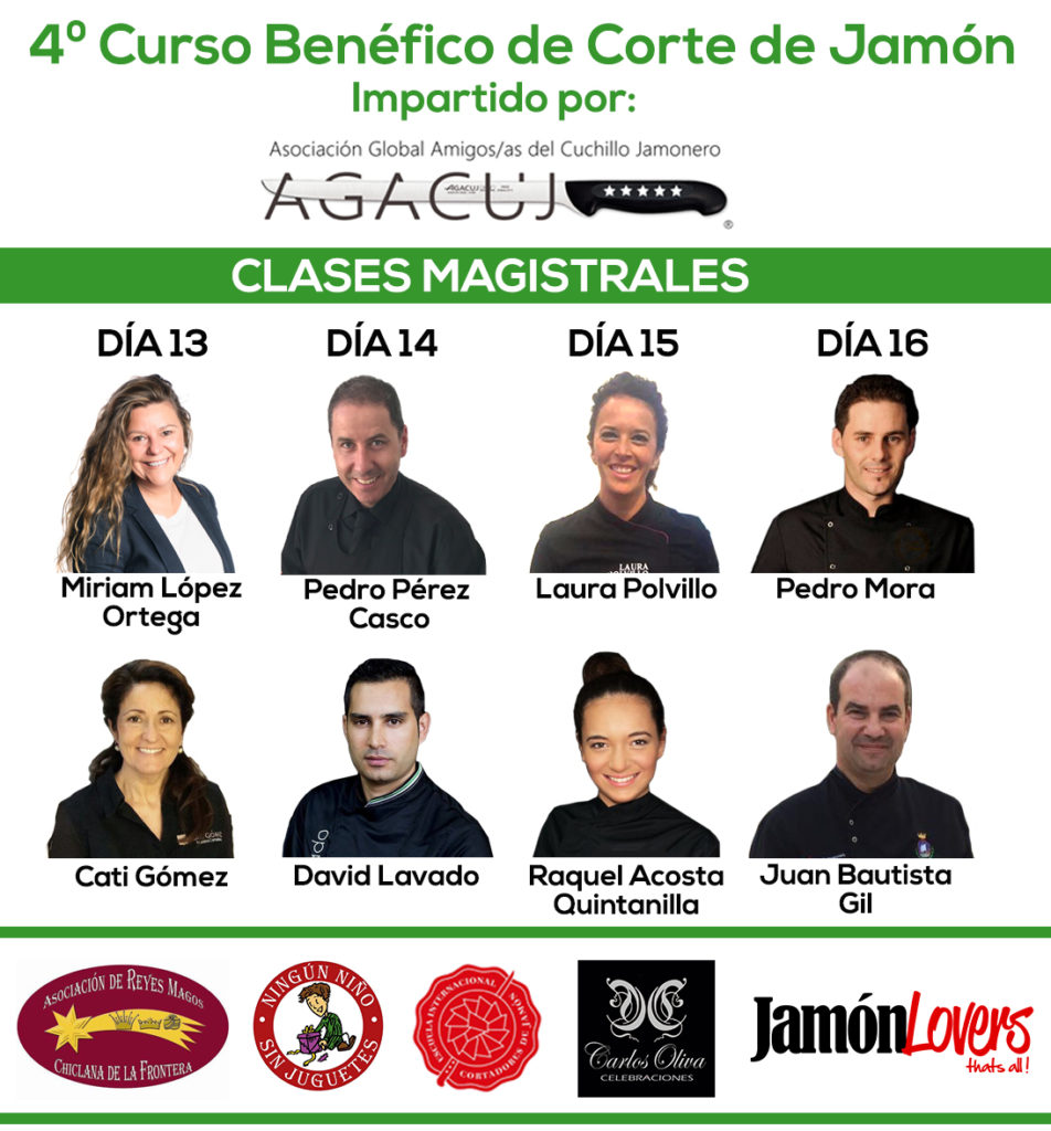 Ponentes del 4º Curso de corte de jamón benéfico organizado por la Asociación Reyes Magos de Chiclana y Agacuj