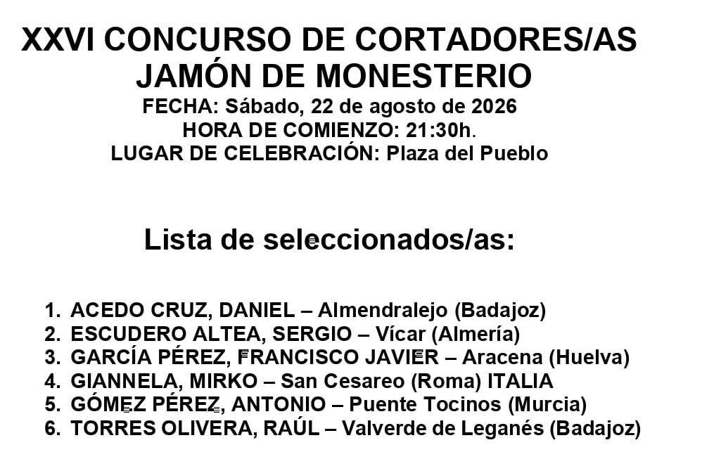Seleccionados XXVI Concurso de Cortadores de Jamón de Monesterio